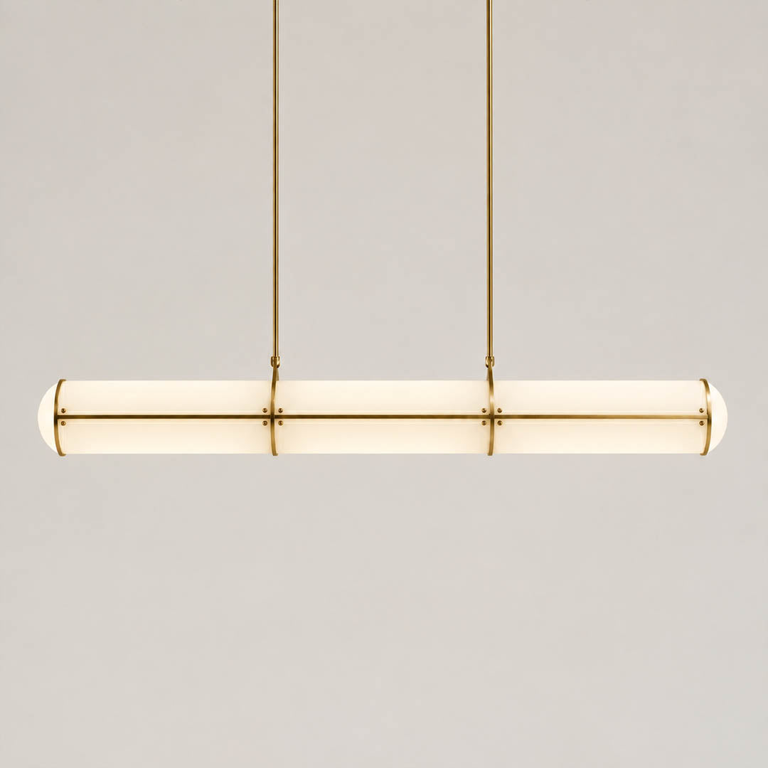 Linea pendant light modern linear LED acrylic 39.4 inch brass frame handcrafted frosted diffuser architectural minimalist kitchen island dining room integrated LED white background
