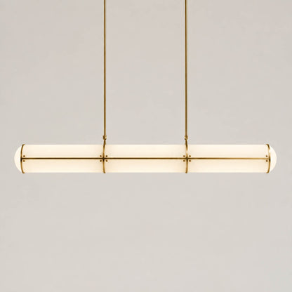 Linea pendant light modern linear LED acrylic 39.4 inch brass frame handcrafted frosted diffuser architectural minimalist kitchen island dining room integrated LED white background