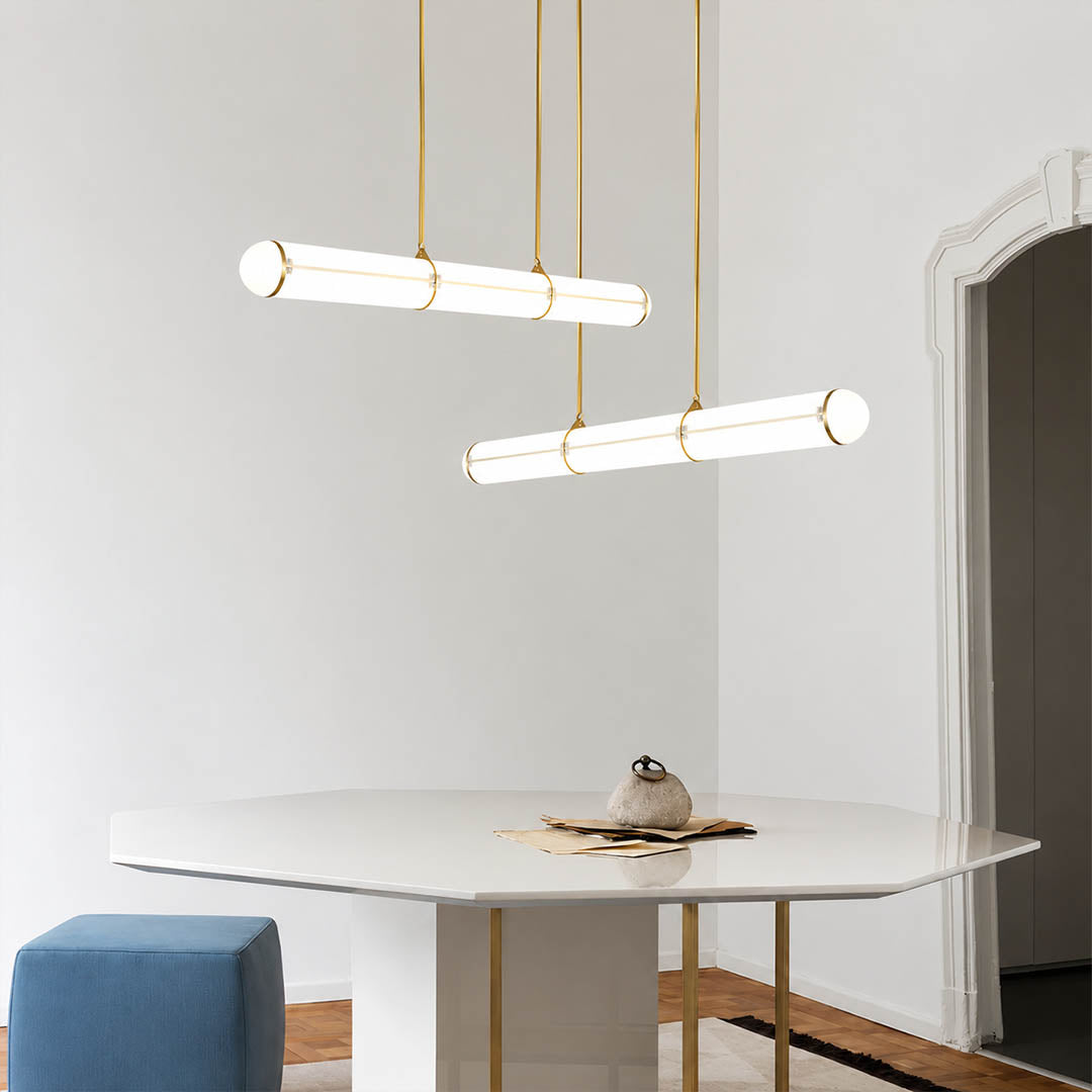 Linea pendant light 47.2 inch black modern dining room rectangular table statement linear architectural minimalist warm ambient sculptural elegant modern lifestyle interior