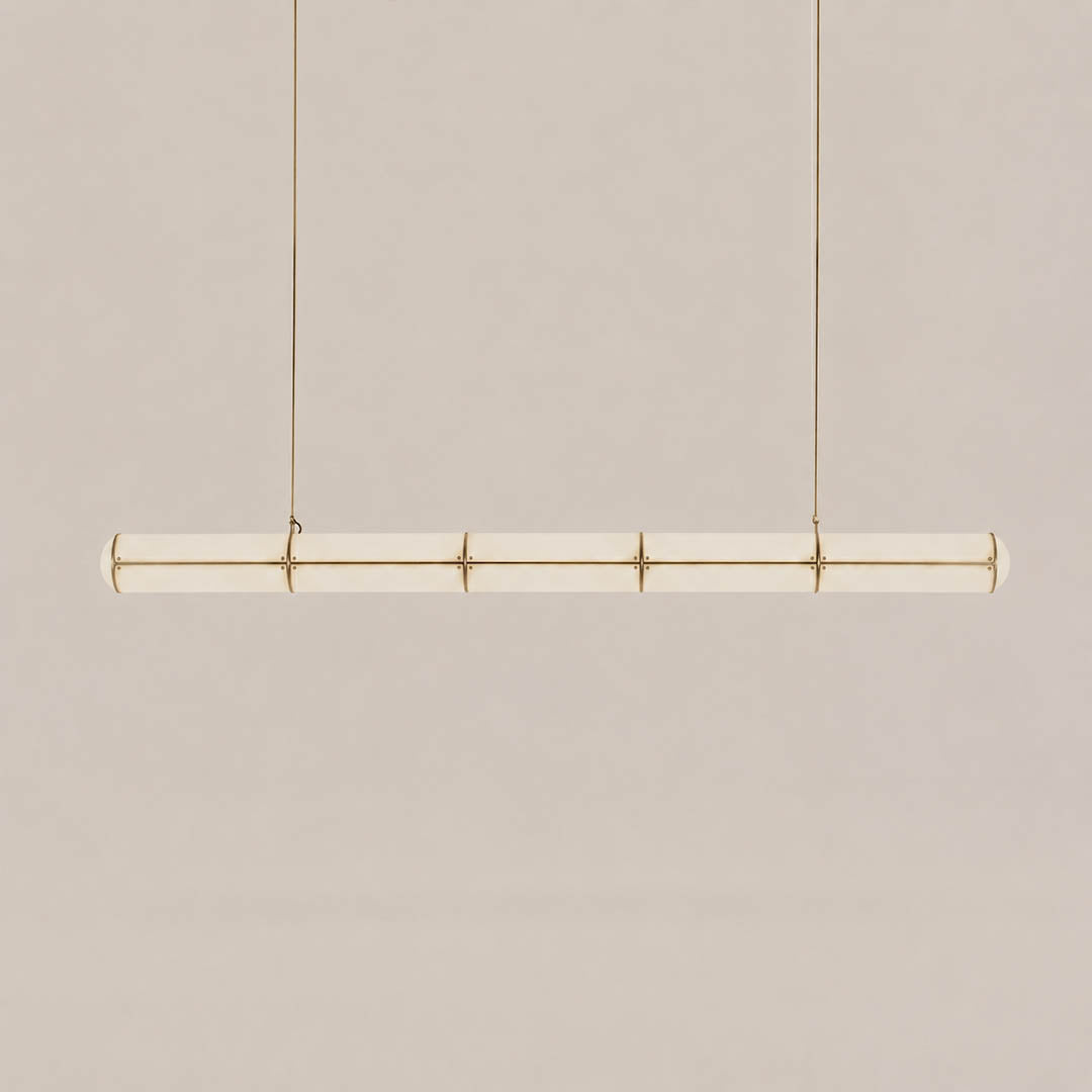 Linea pendant light modern linear LED acrylic 59 inch large brass frame handcrafted frosted diffuser architectural minimalist kitchen island dining room integrated LED statement commercial hospitality white background