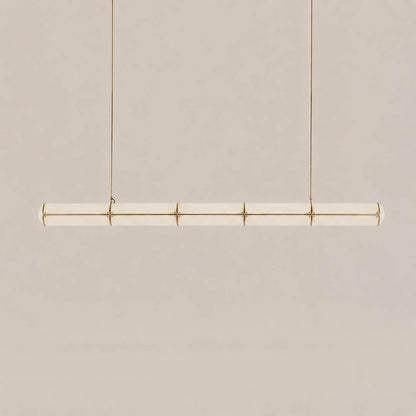 Linea pendant light modern linear LED acrylic 59 inch large brass frame handcrafted frosted diffuser architectural minimalist kitchen island dining room integrated LED statement commercial hospitality white background