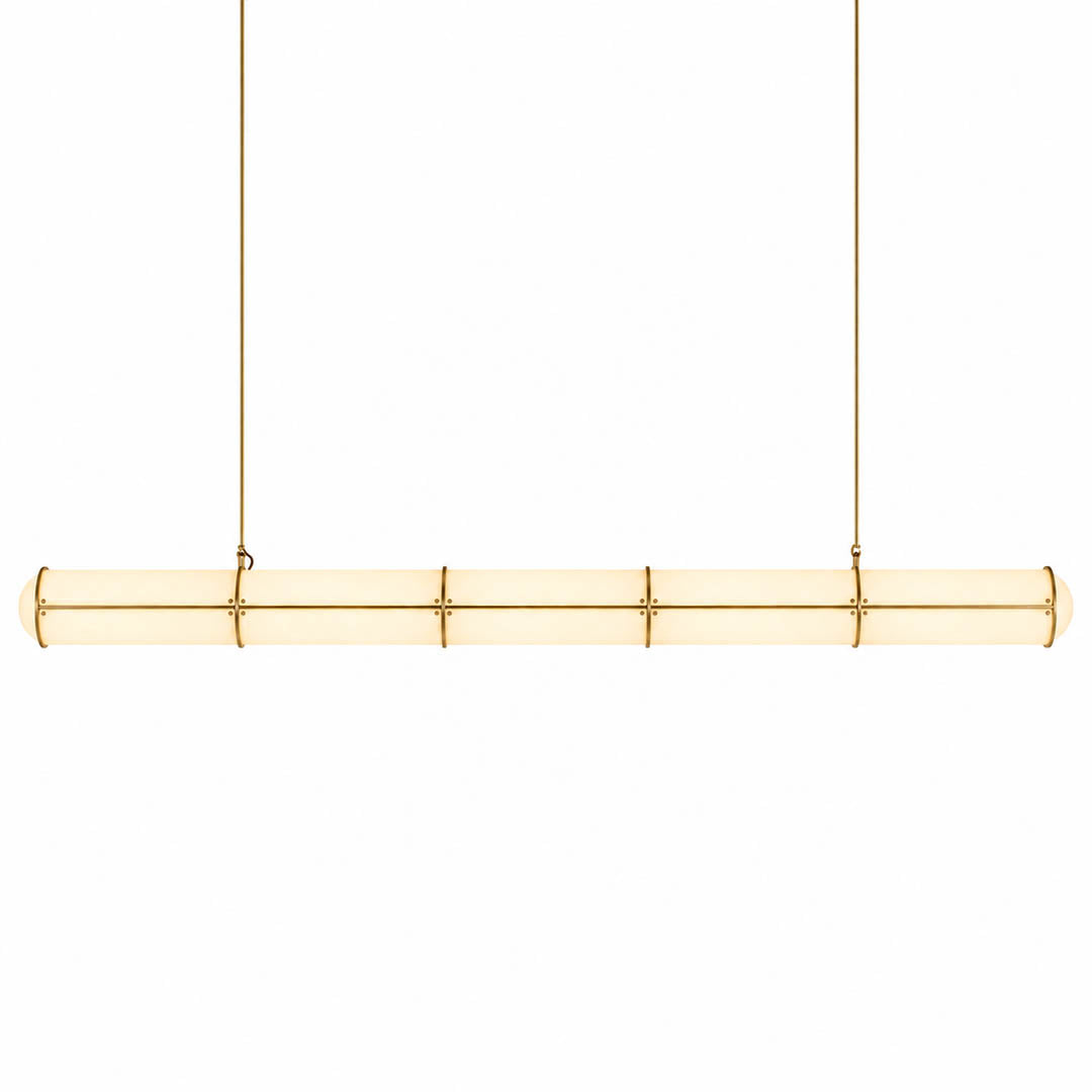 Linea pendant light modern linear LED acrylic 59 inch large brass frame handcrafted frosted diffuser architectural minimalist kitchen island dining room integrated LED statement commercial hospitality white background