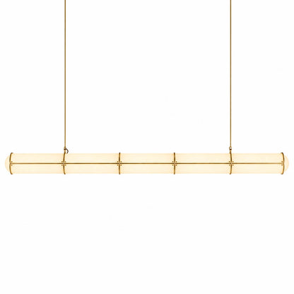 Linea pendant light modern linear LED acrylic 59 inch large brass frame handcrafted frosted diffuser architectural minimalist kitchen island dining room integrated LED statement commercial hospitality white background