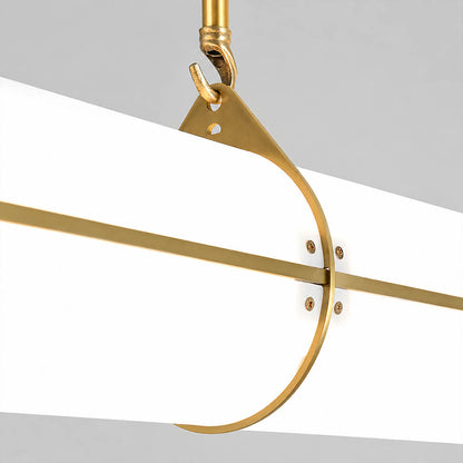 Linea pendant light brass metal slim band frame refined detail architectural fasteners polished finish close up sophisticated modern
