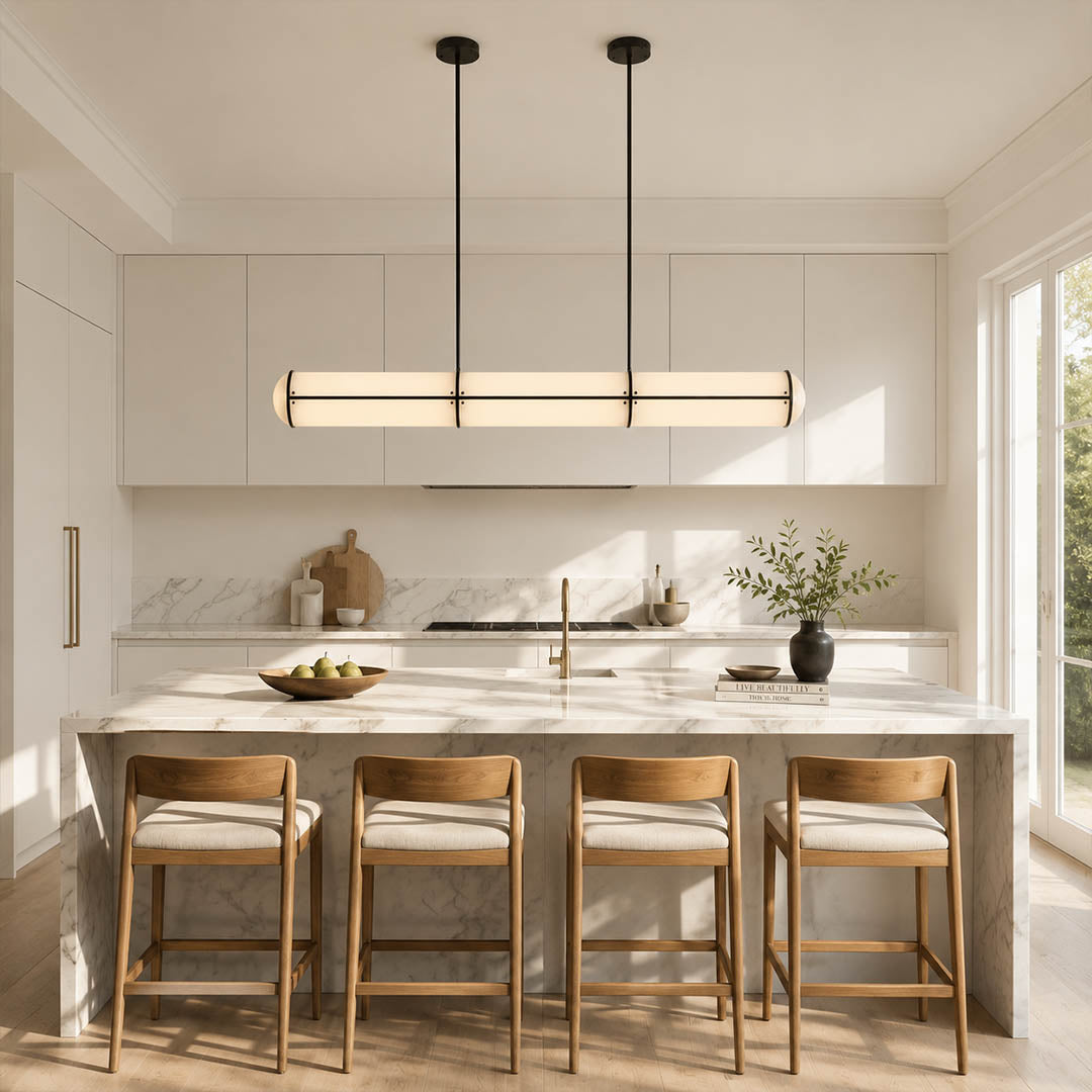 Linea pendant light 47.2 inch brass modern kitchen island marble counter statement linear architectural minimalist warm ambient sculptural elegant modern lifestyle interior