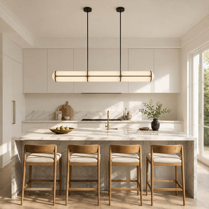 Linea pendant light 47.2 inch brass modern kitchen island marble counter statement linear architectural minimalist warm ambient sculptural elegant modern lifestyle interior