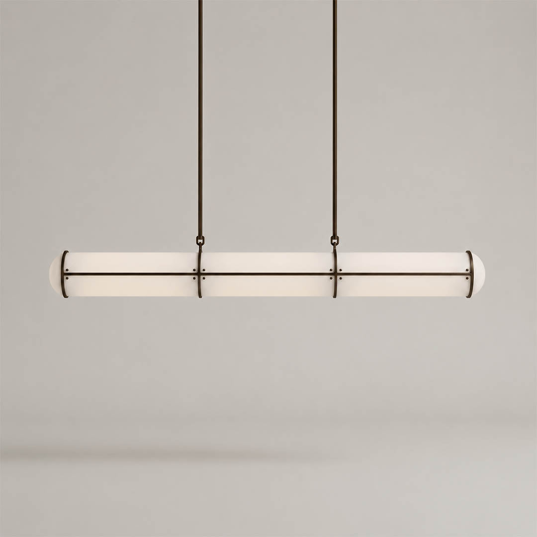 Linea pendant light modern linear LED acrylic 39.4 inch black frame handcrafted frosted diffuser architectural minimalist kitchen island dining room integrated LED white background
