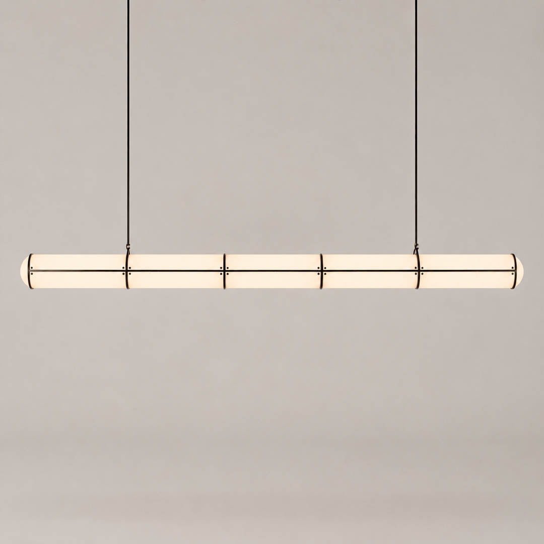 Linea pendant light modern linear LED acrylic 59 inch large black frame handcrafted frosted diffuser architectural minimalist kitchen island dining room integrated LED statement commercial hospitality white background