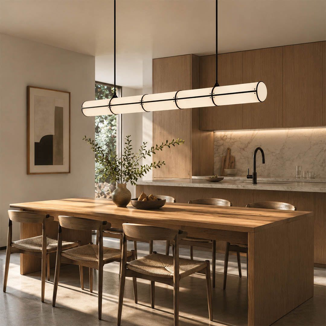 Linea pendant light 47.2 inch black modern dining room rectangular table statement linear architectural minimalist warm ambient sculptural elegant modern lifestyle interior