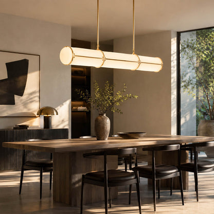 Linea pendant light 59 inch large black boutique restaurant hospitality commercial dining hall long table statement linear architectural minimalist warm ambient sculptural lifestyle interior