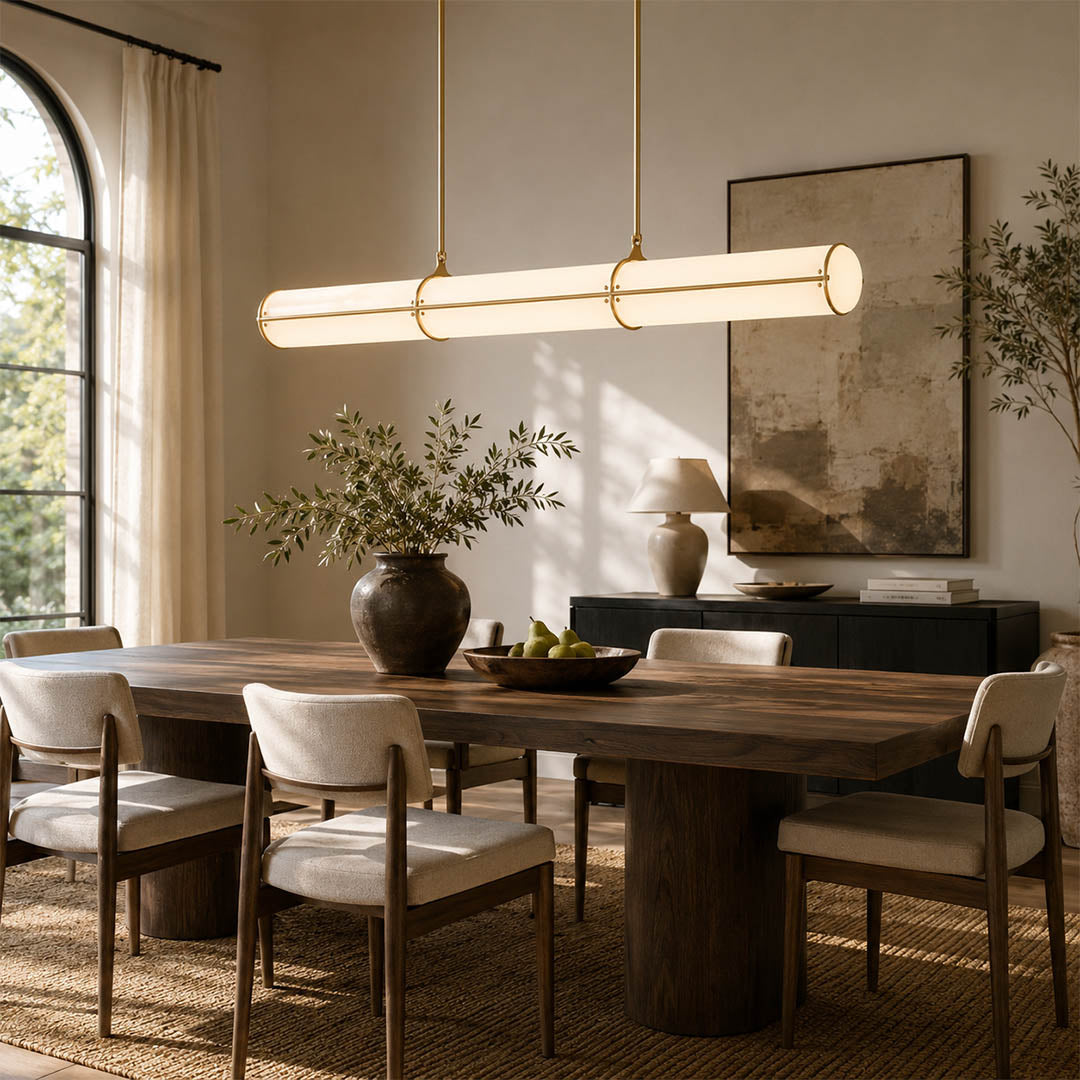 Linea pendant light 59 inch large black boutique restaurant hospitality commercial dining hall long table statement linear architectural minimalist warm ambient sculptural lifestyle interior