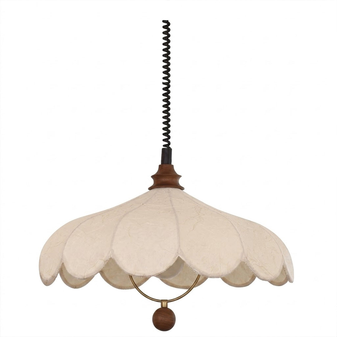 Linen drum pendant light medium fabric shade wood detail ceiling fixture white background