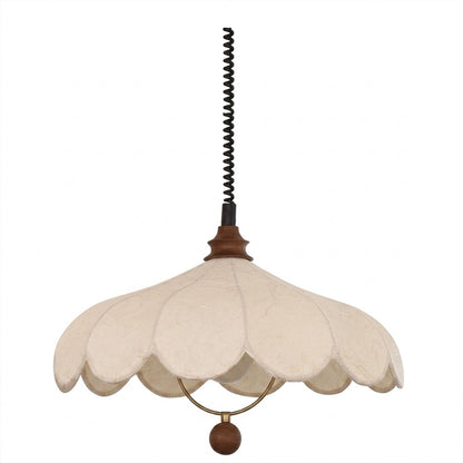 Linen drum pendant light medium fabric shade wood detail ceiling fixture white background