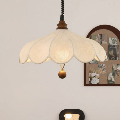 Linen drum pendant fabric shade weave texture wood frame detail close up