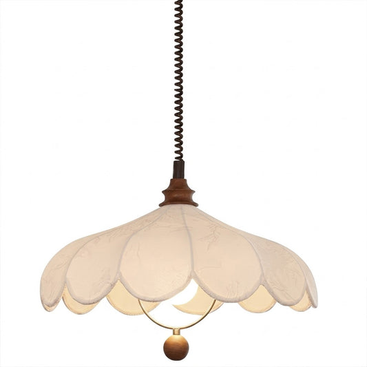 Linen drum pendant light medium fabric shade wood detail ceiling fixture white background