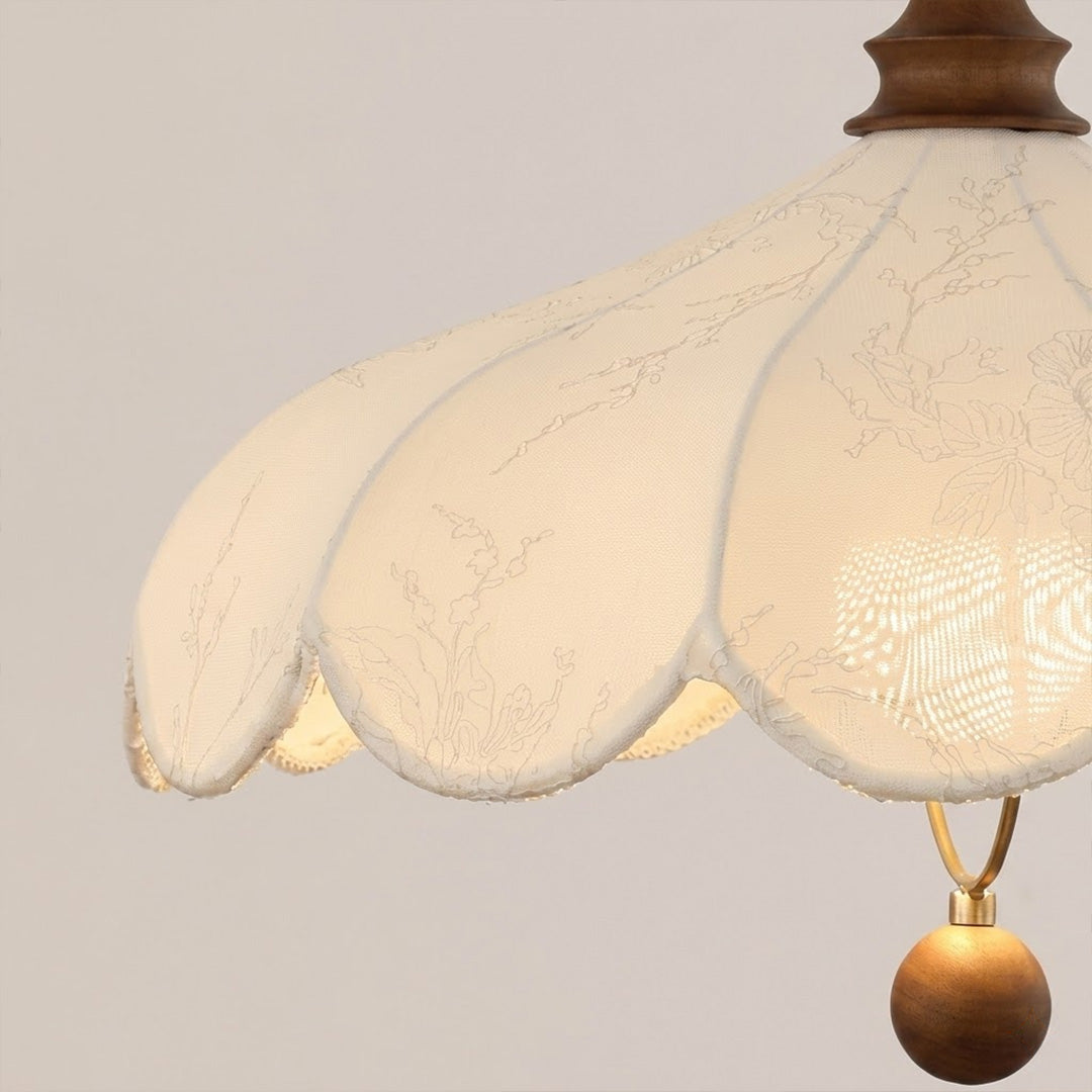 Linen drum pendant fabric shade weave texture wood frame detail close up