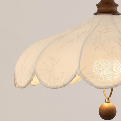 Linen drum pendant fabric shade weave texture wood frame detail close up
