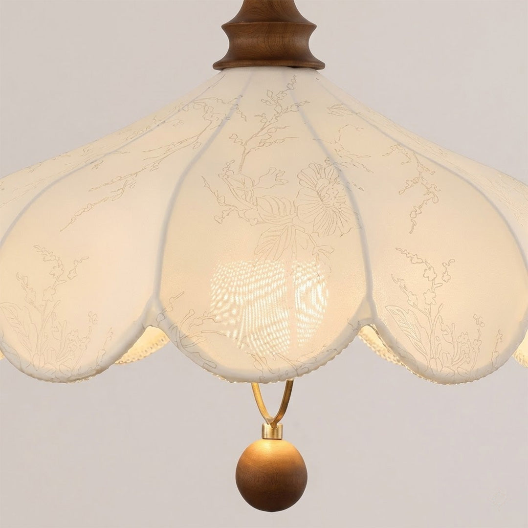 Linen drum pendant fabric shade weave texture wood frame detail close up