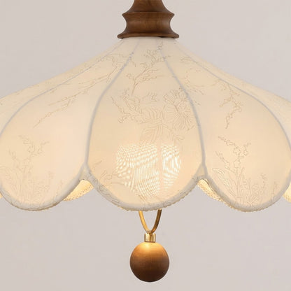 Linen drum pendant fabric shade weave texture wood frame detail close up