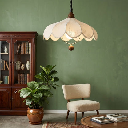 Linen drum pendant fabric shade weave texture wood frame detail close up