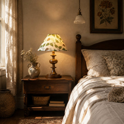 Linnea fabric table lamp bedroom nightstand bedside warm glow printed fabric wood Nordic retro cozy American home lifestyle interior styled