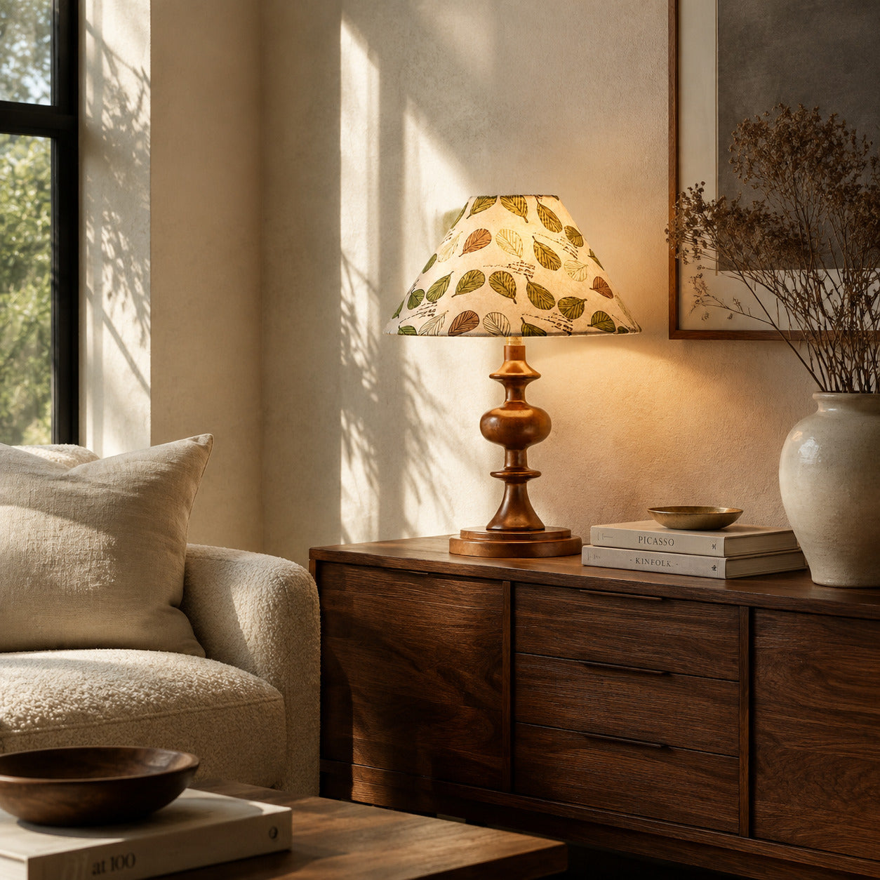 Linnea fabric table lamp living room side table warm glow printed fabric wood Nordic American home lifestyle interior styled