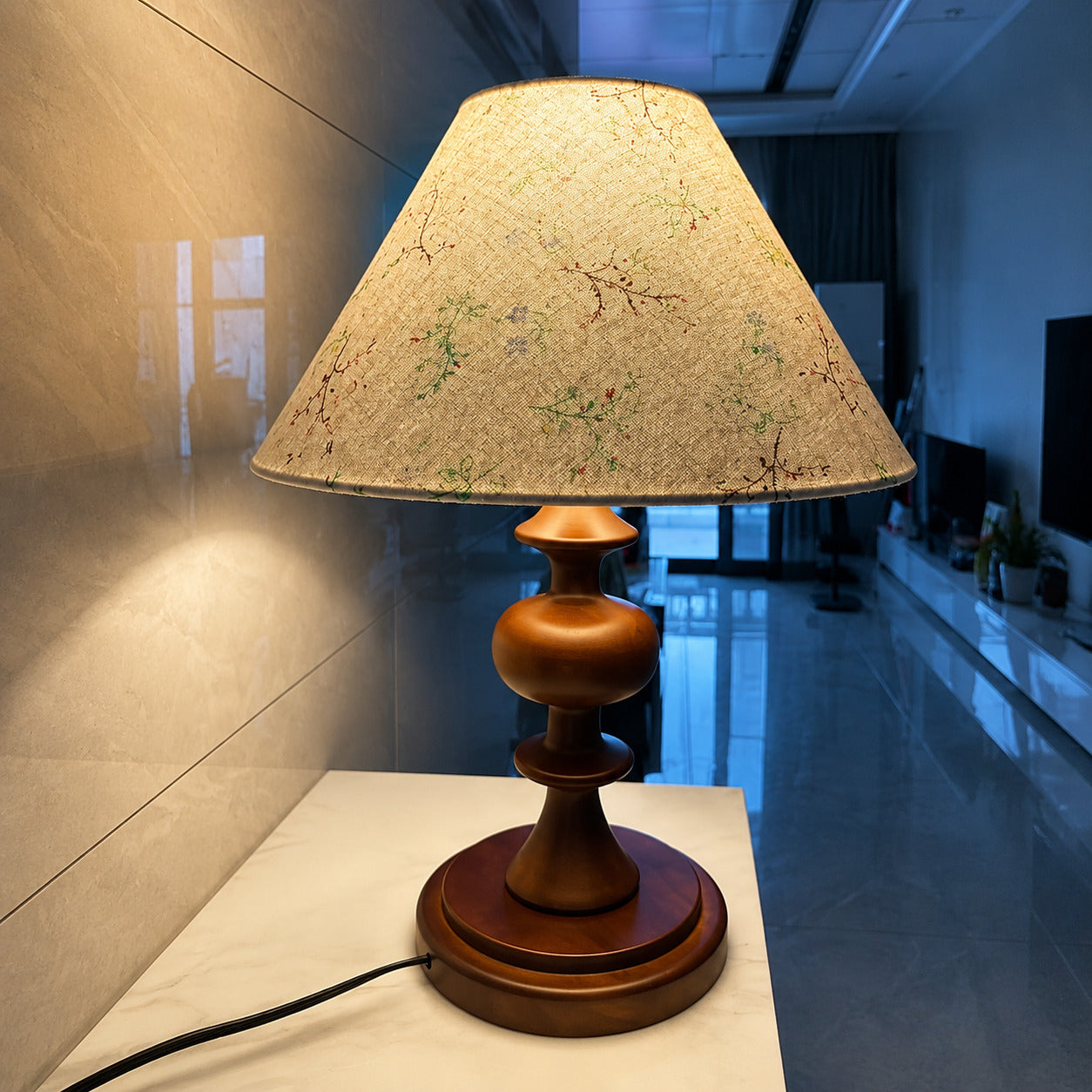 Linnea fabric table lamp wood base fabric shade proportion silhouette detail close up
