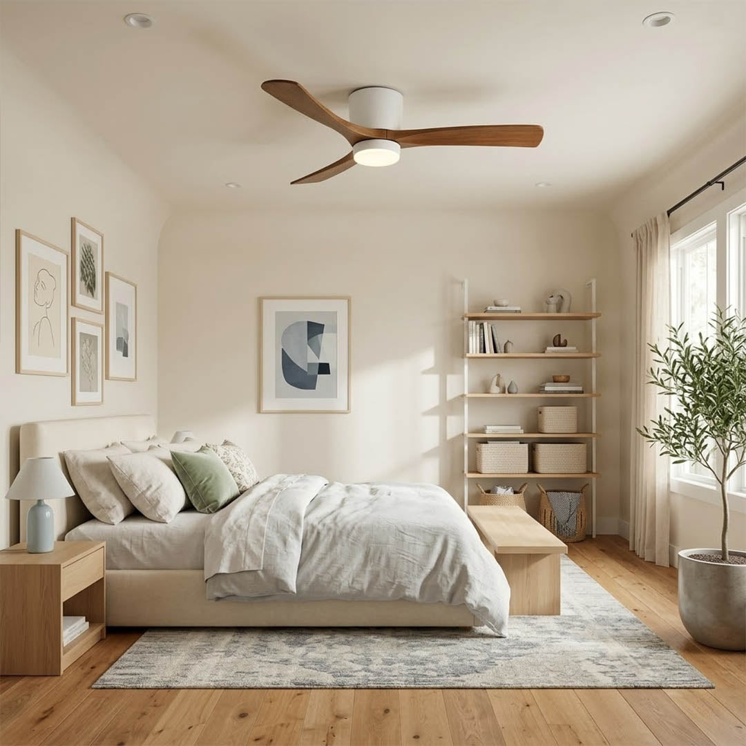Linnea Nordic ceiling fan Japandi bedroom natural wood quiet 40 decibel airflow restful interior