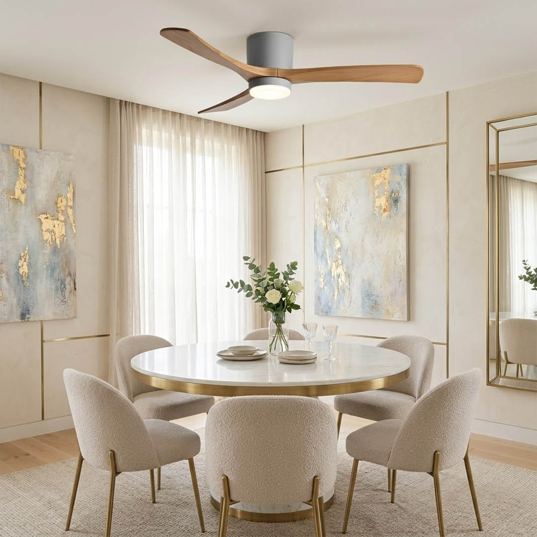 Linnea Nordic ceiling fan in Scandinavian living room natural light real wood blades minimalist interior