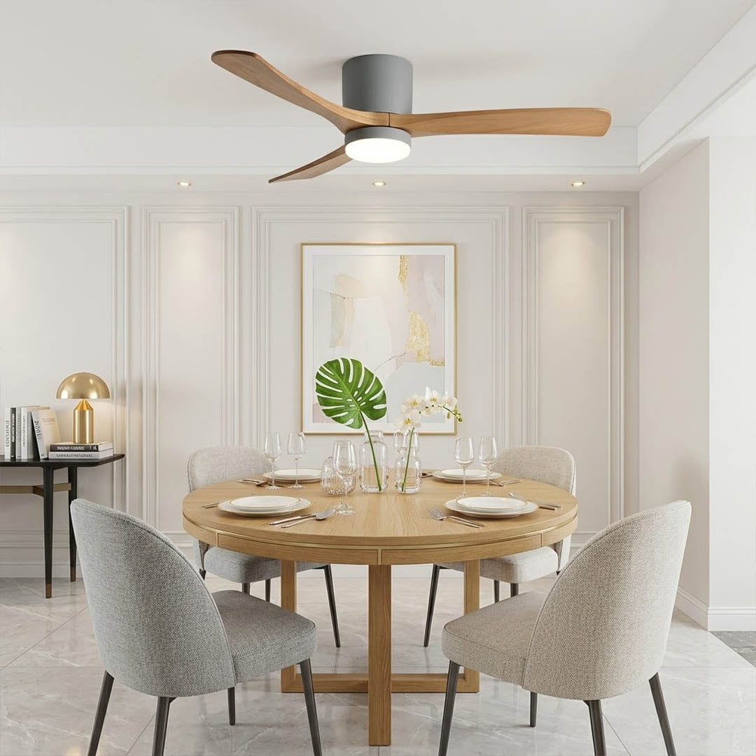 Linnea Nordic ceiling fan Japandi bedroom natural wood quiet 40 decibel airflow restful interior