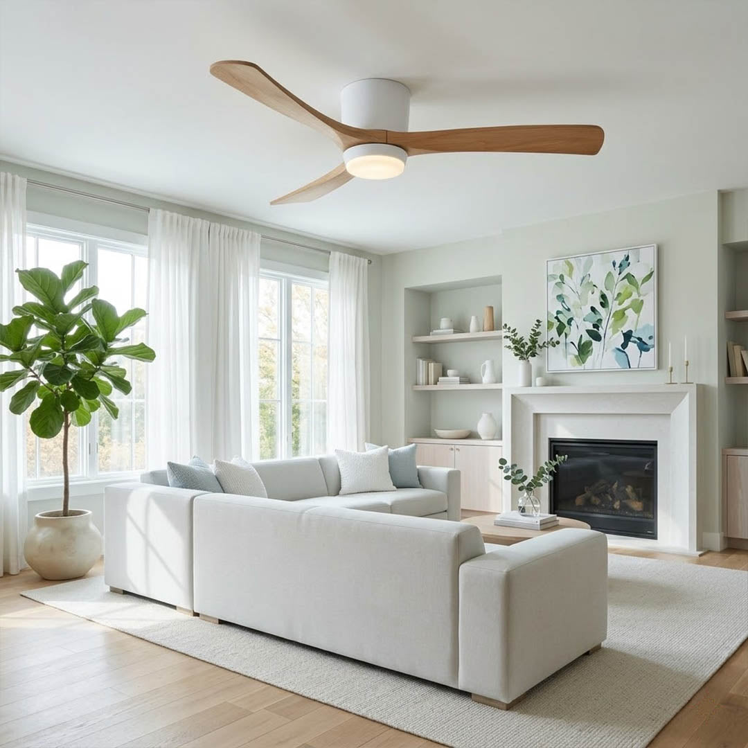 Linnea Nordic ceiling fan Japandi bedroom natural wood quiet 40 decibel airflow restful interior