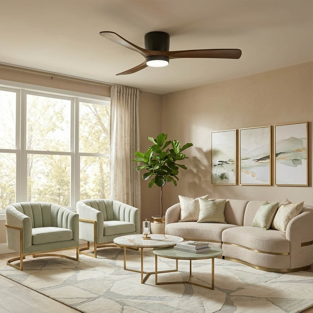 Linnea Nordic ceiling fan Japandi bedroom natural wood quiet 40 decibel airflow restful interior