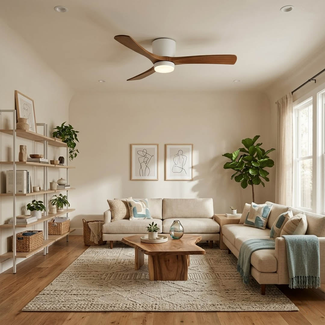 Linnea Nordic ceiling fan Japandi bedroom natural wood quiet 40 decibel airflow restful interior