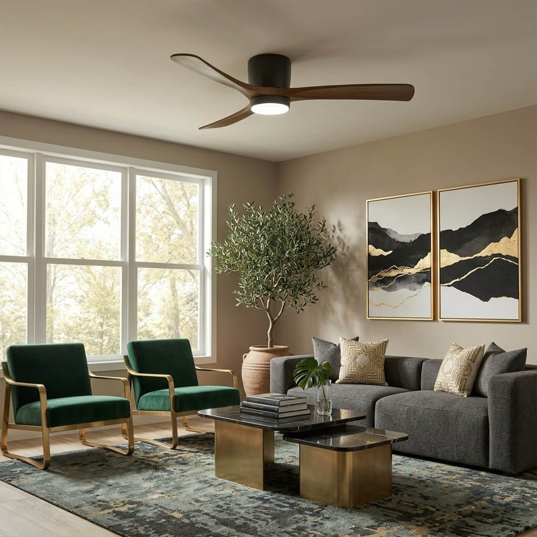 Linnea Nordic ceiling fan in Scandinavian living room natural light real wood blades minimalist interior