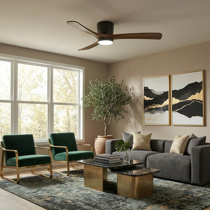 Linnea Nordic ceiling fan in Scandinavian living room natural light real wood blades minimalist interior