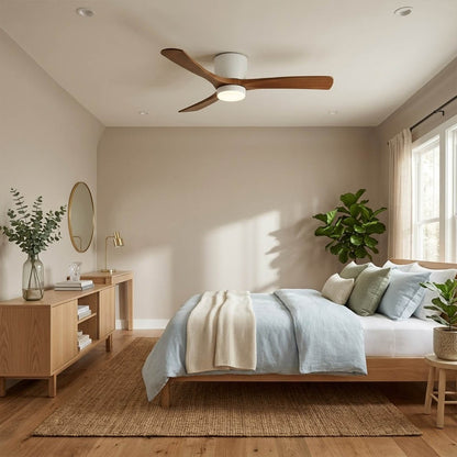 Linnea Nordic ceiling fan in Scandinavian living room natural light real wood blades minimalist interior