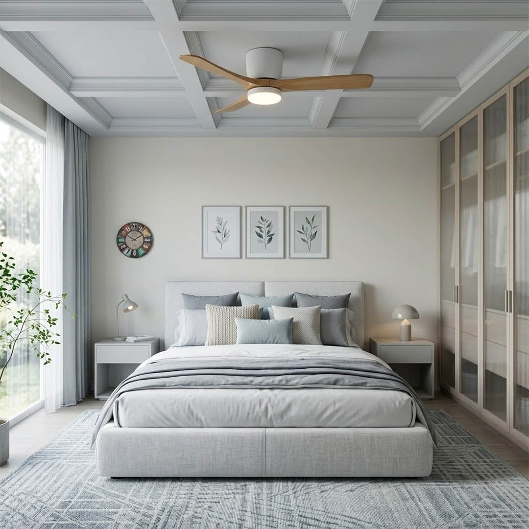 Linnea Nordic ceiling fan Japandi bedroom natural wood quiet 40 decibel airflow restful interior
