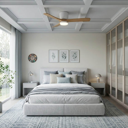 Linnea Nordic ceiling fan Japandi bedroom natural wood quiet 40 decibel airflow restful interior