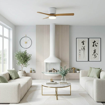 Linnea Nordic ceiling fan in Scandinavian living room natural light real wood blades minimalist interior