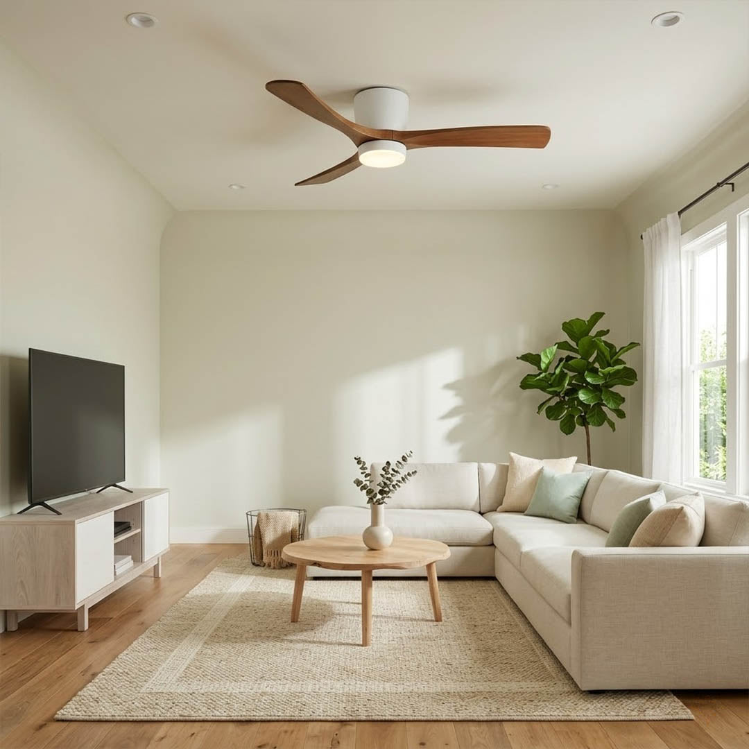 Linnea Nordic ceiling fan Japandi bedroom natural wood quiet 40 decibel airflow restful interior