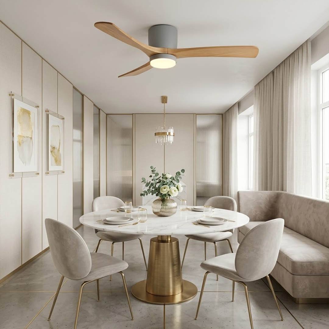 Linnea Nordic ceiling fan in Scandinavian living room natural light real wood blades minimalist interior