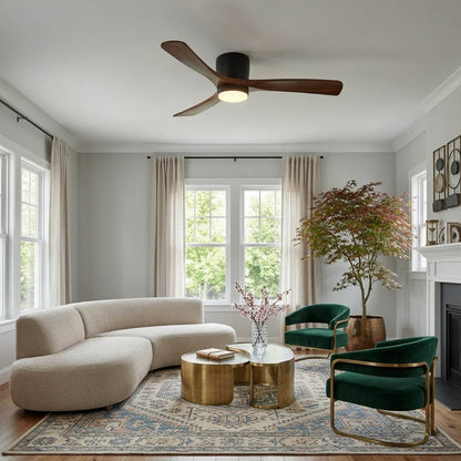 Linnea Nordic ceiling fan in Scandinavian living room natural light real wood blades minimalist interior