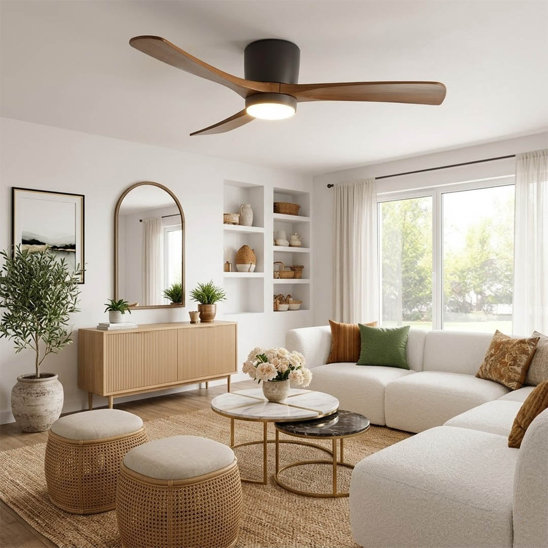 Linnea Nordic ceiling fan in Scandinavian living room natural light real wood blades minimalist interior