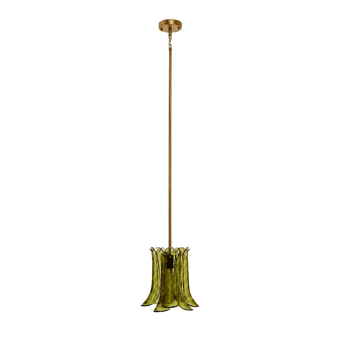 Livia petal glass pendant light 12 inch translucent olive green brass gold rod textured vertically curved sculptural Murano hand blown nature inspired modern vintage kitchen island white background