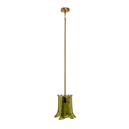 Livia petal glass pendant light 12 inch translucent olive green brass gold rod textured vertically curved sculptural Murano hand blown nature inspired modern vintage kitchen island white background