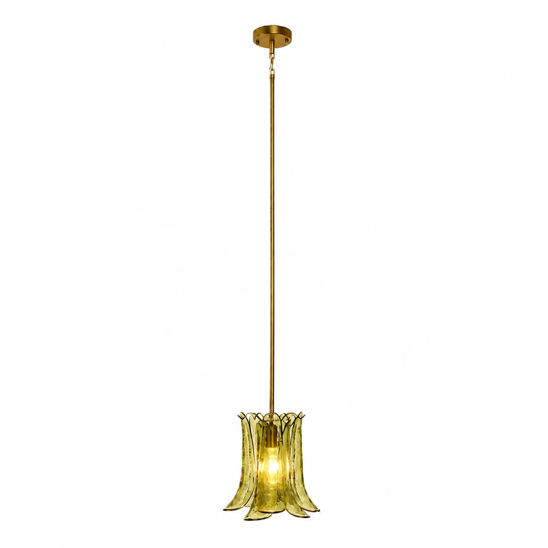 Livia petal glass pendant light 12 inch translucent olive green brass gold rod textured vertically curved sculptural Murano hand blown nature inspired modern vintage kitchen island white background