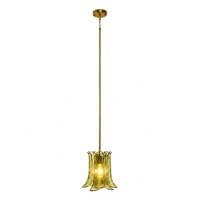Livia petal glass pendant light 12 inch translucent olive green brass gold rod textured vertically curved sculptural Murano hand blown nature inspired modern vintage kitchen island white background