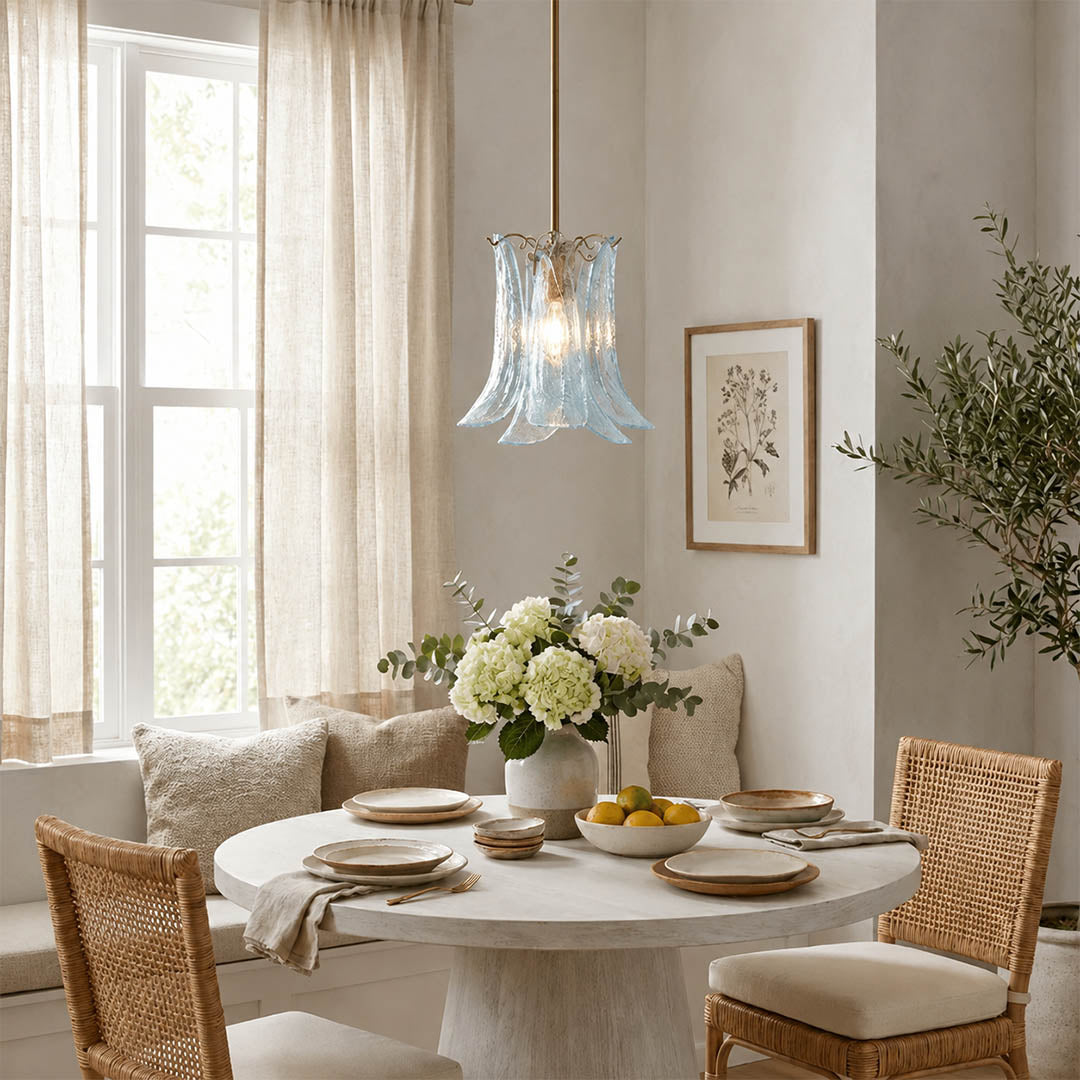 Livia green olive petal glass pendant light dining table vintage modern intimate romantic Italian walnut chair brass gold rod warm glow lifestyle interior