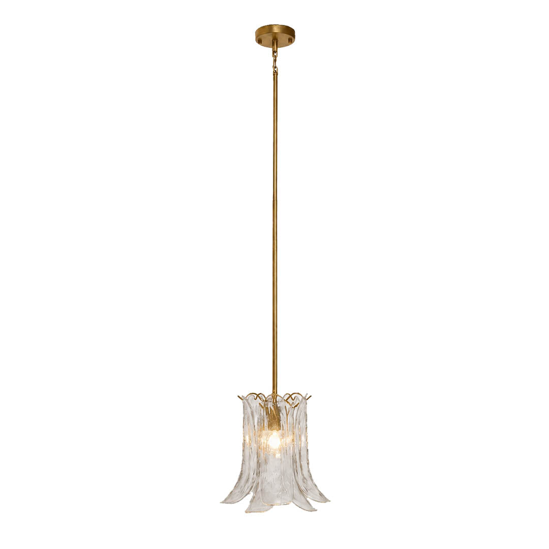 Livia petal glass pendant light 12 inch translucent clear crystal brass gold rod textured vertically curved sculptural Murano hand blown modern vintage kitchen island white background
