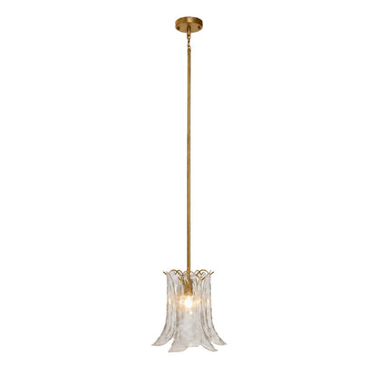 Livia petal glass pendant light 12 inch translucent clear crystal brass gold rod textured vertically curved sculptural Murano hand blown modern vintage kitchen island white background